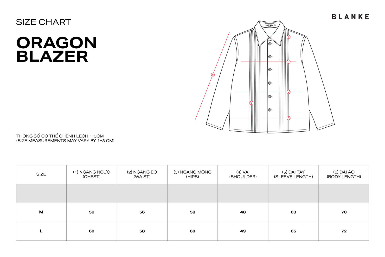 ORAGON BLAZER size chart