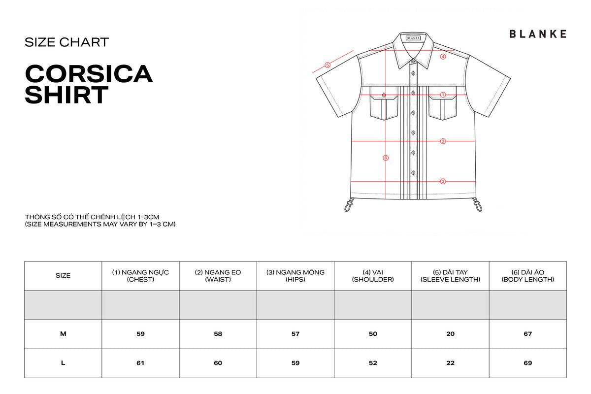 CORSICA SHIRT size chart