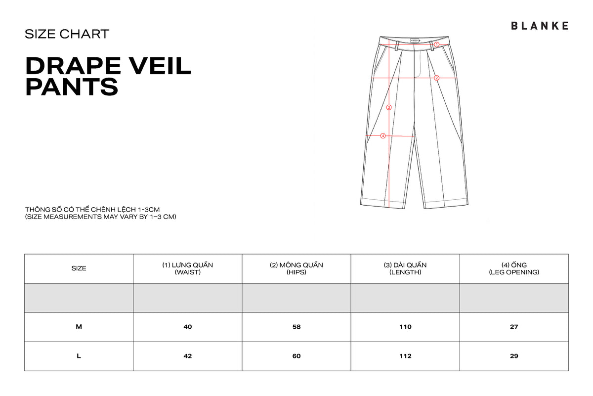 DRAPE VEIL PANTS size chart
