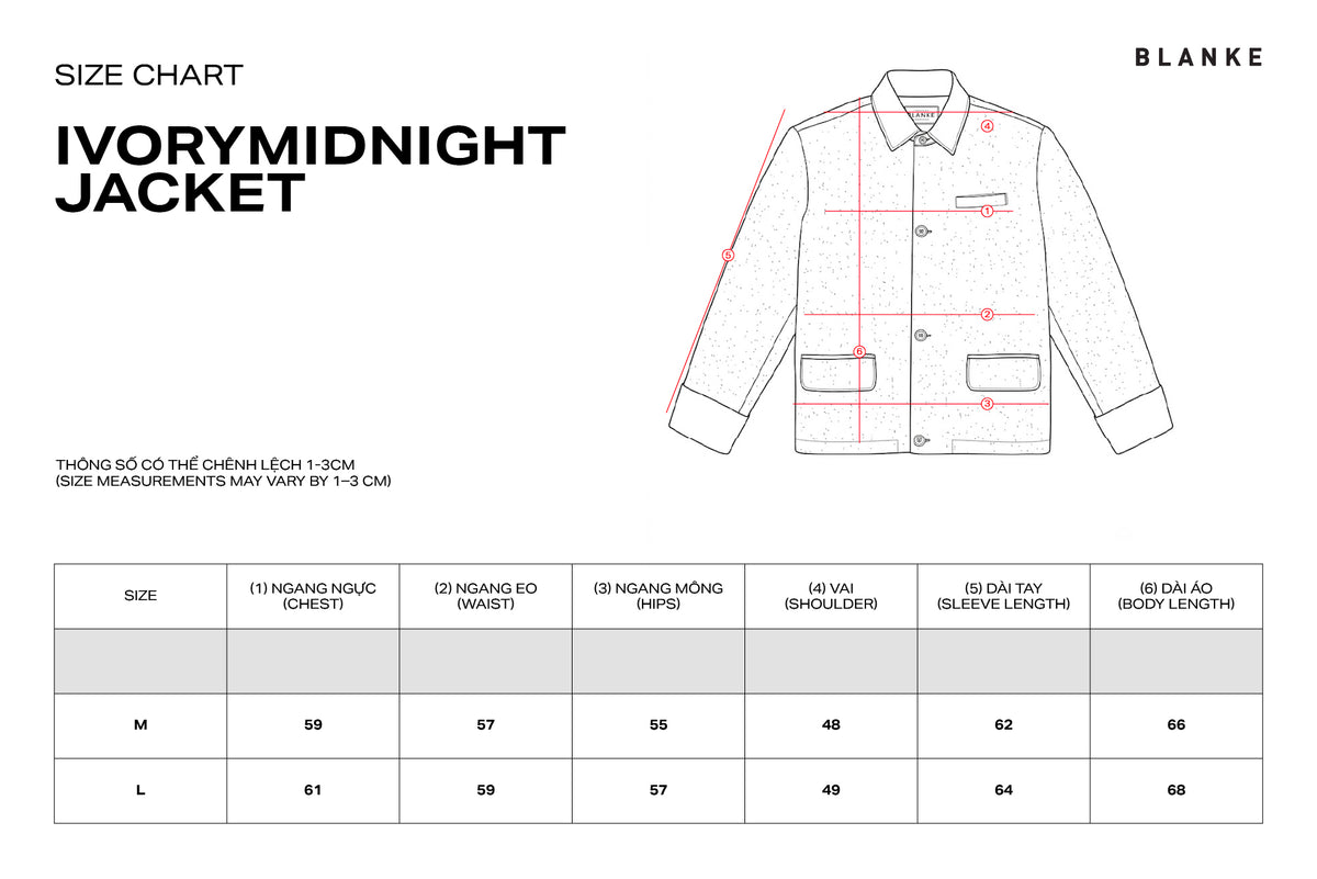 IVORYMIDNIGHT JACKET size chart