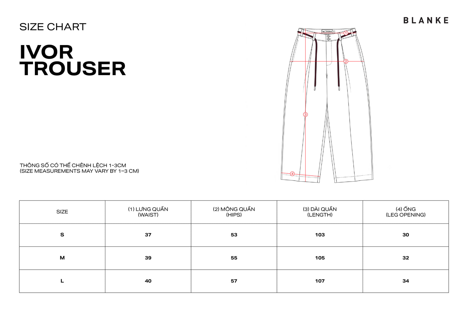 IVOR TROUSER size chart