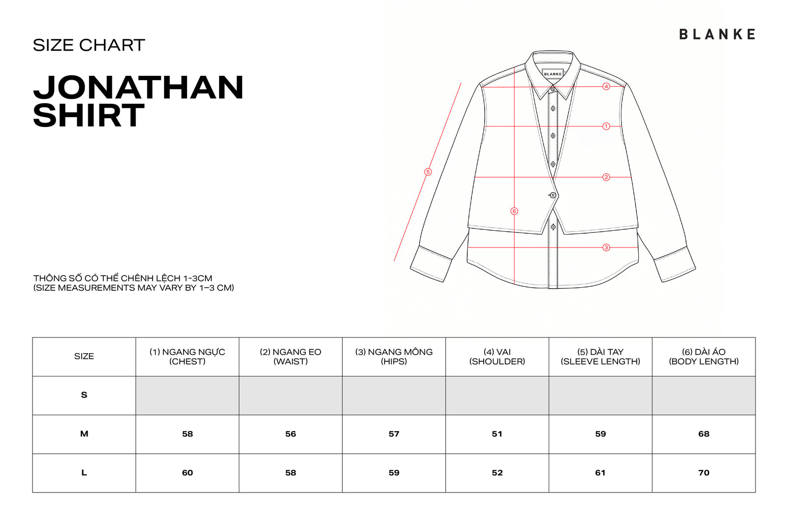 JONATHAN SHIRT size chart