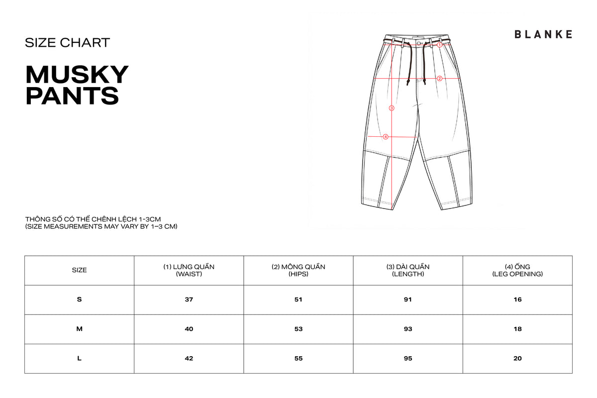 MUSKY PANTS size chart