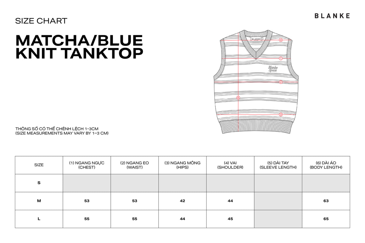 BLANKE KNIT TANKTOP size chart