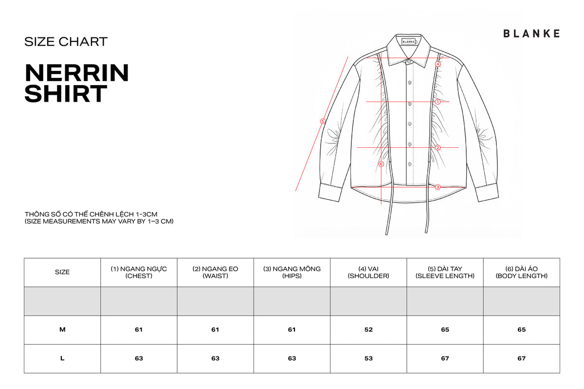 NERRIN SHIRT size chart