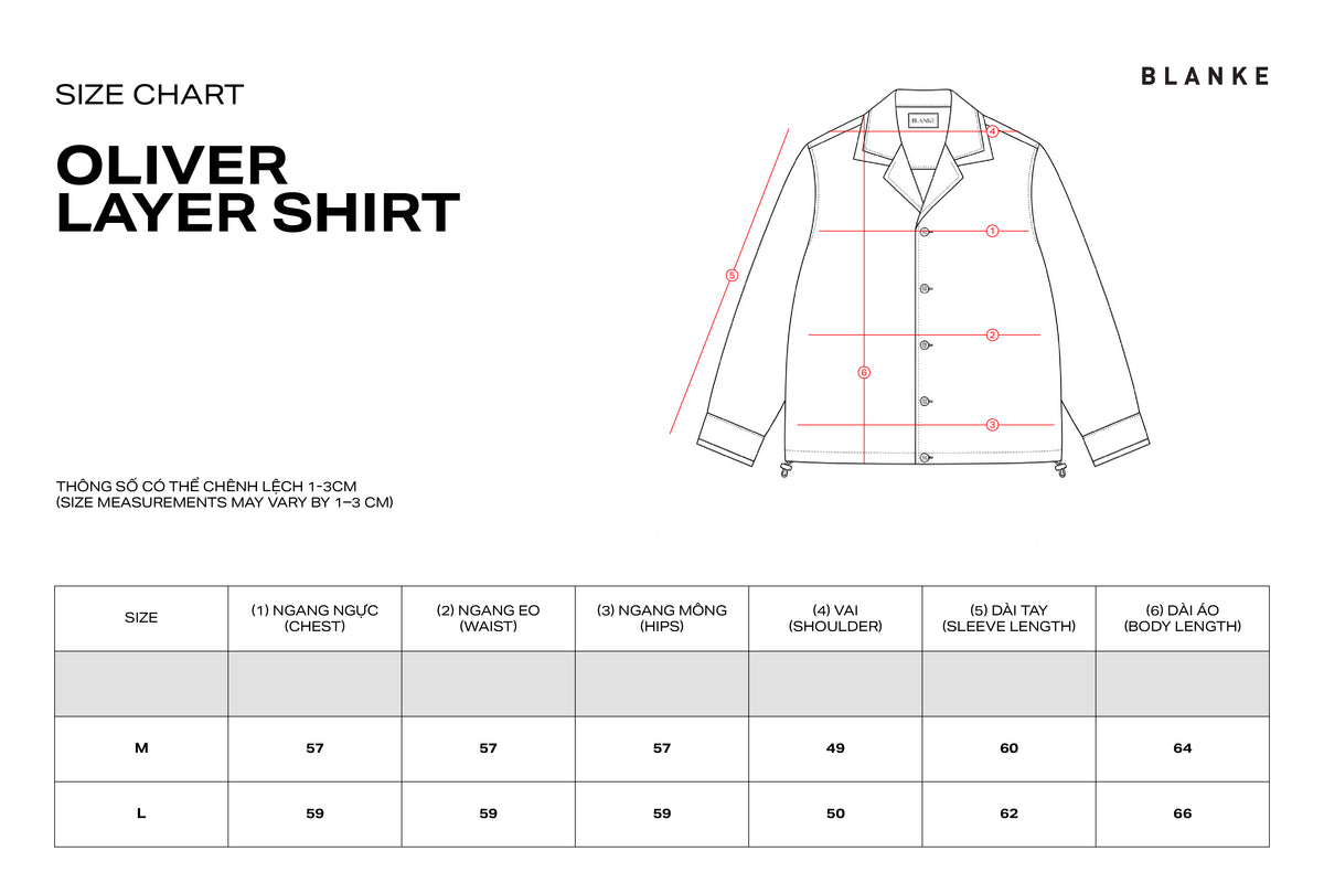 OLIVER LAYER SHIRT size chart