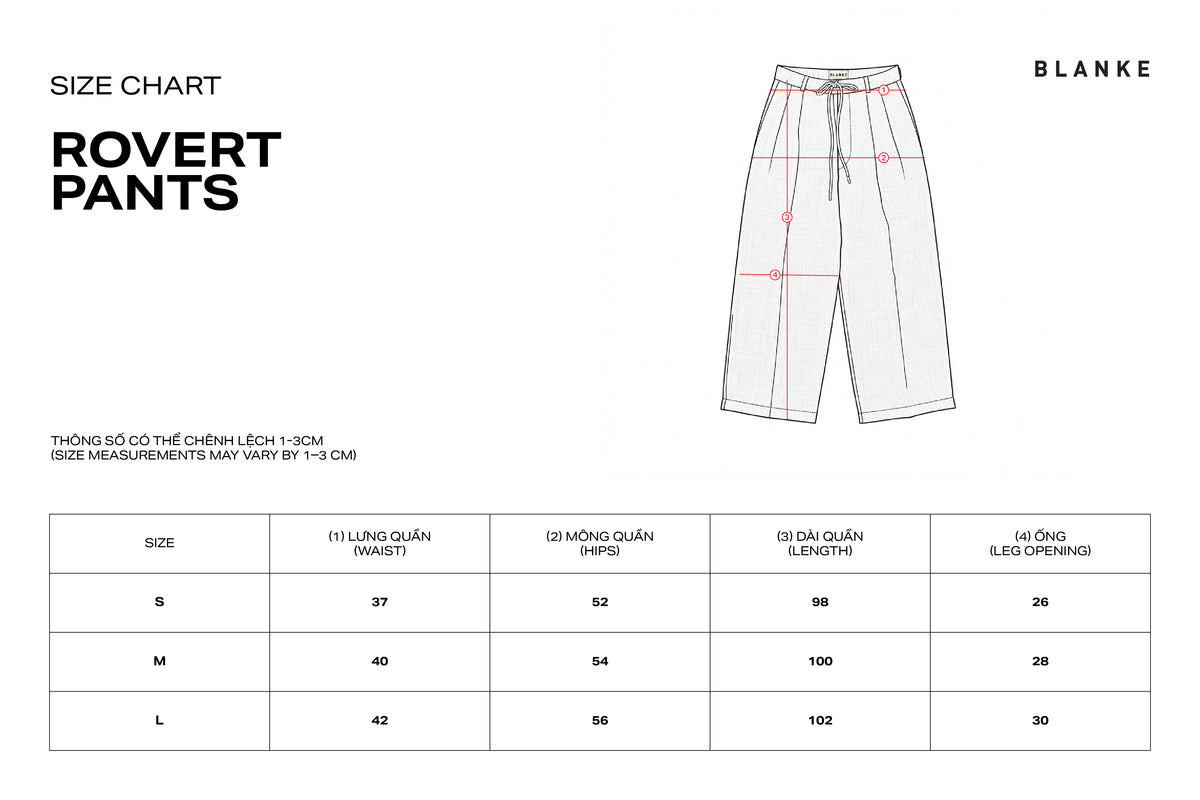 ROVERT PANTS size chart