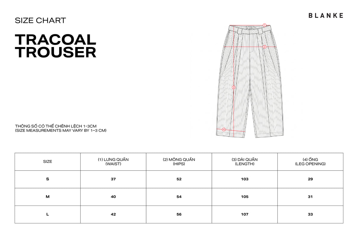 TRACOAL TROUSER size chart