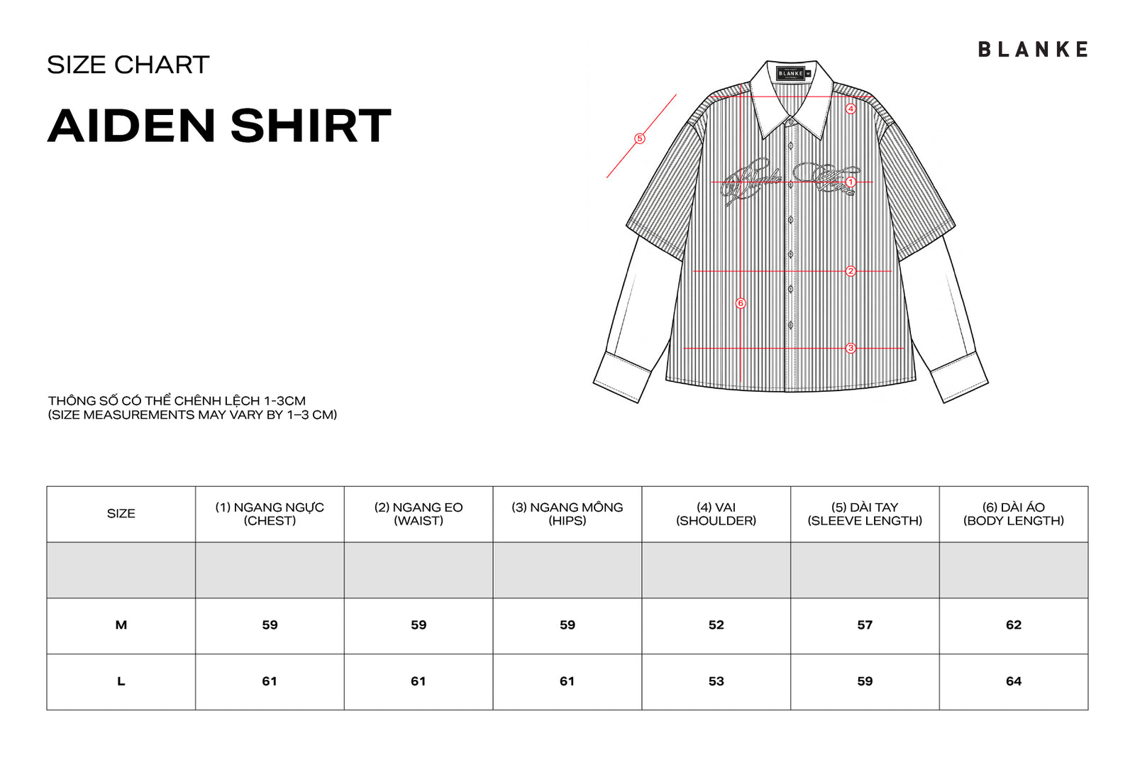 AIDEN SHIRT size chart