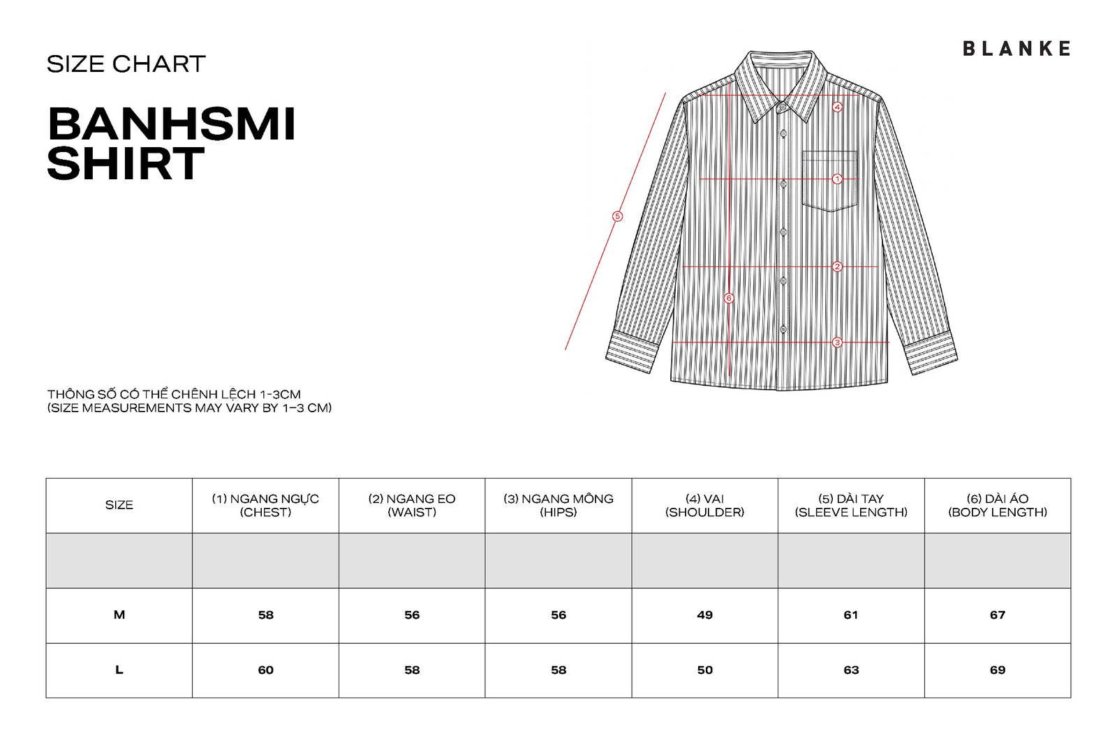 BANHMI SHIRT size chart