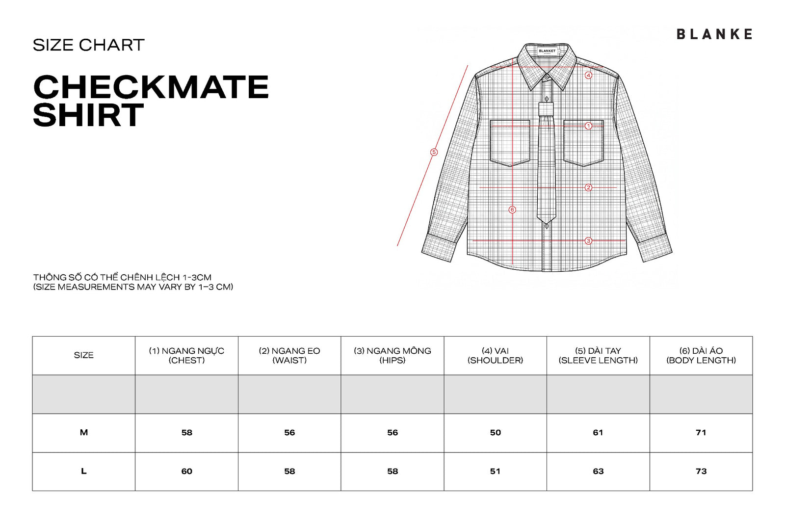 CHECKMATE SHIRT size chart
