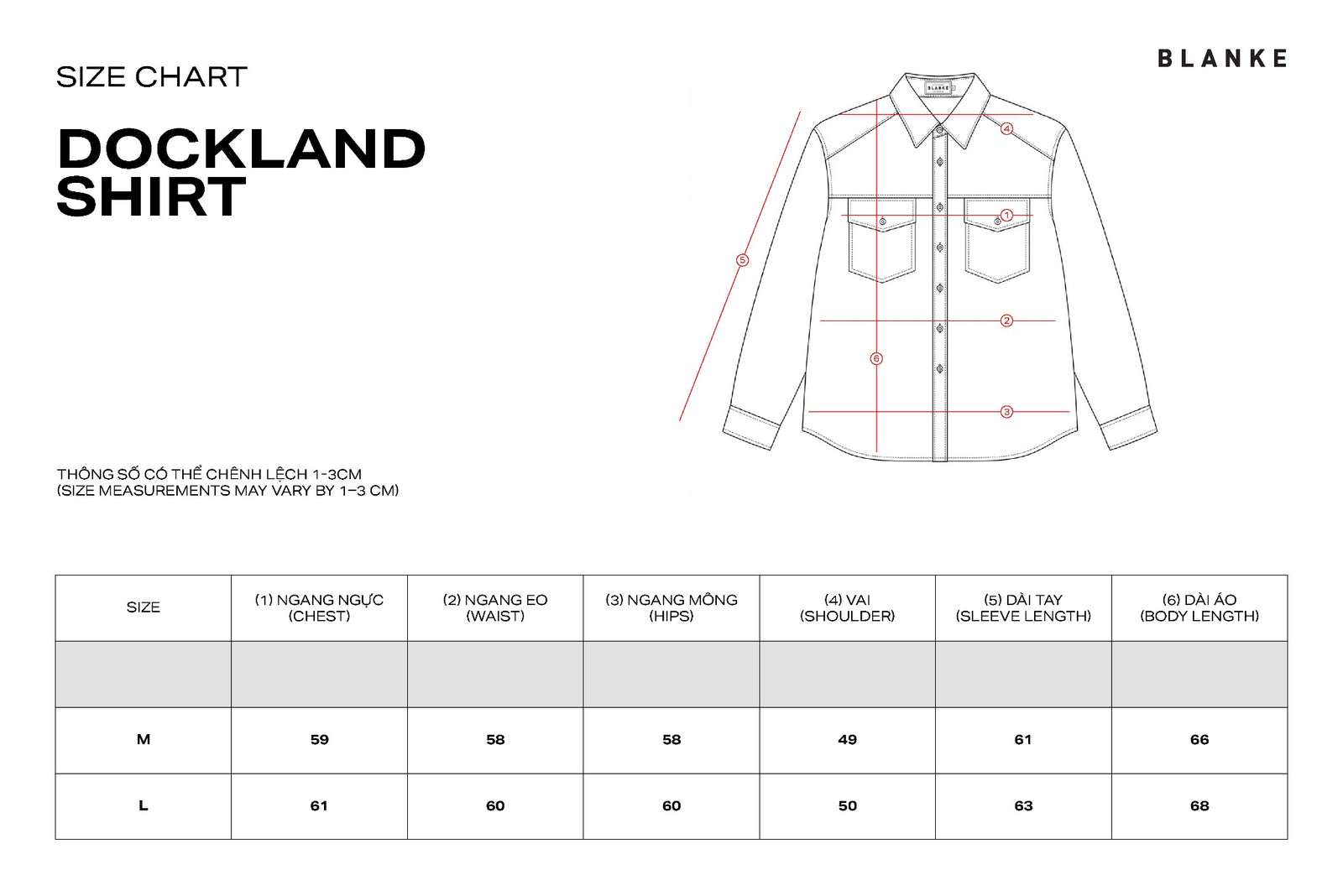 DOCKLAND SHIRT size chart
