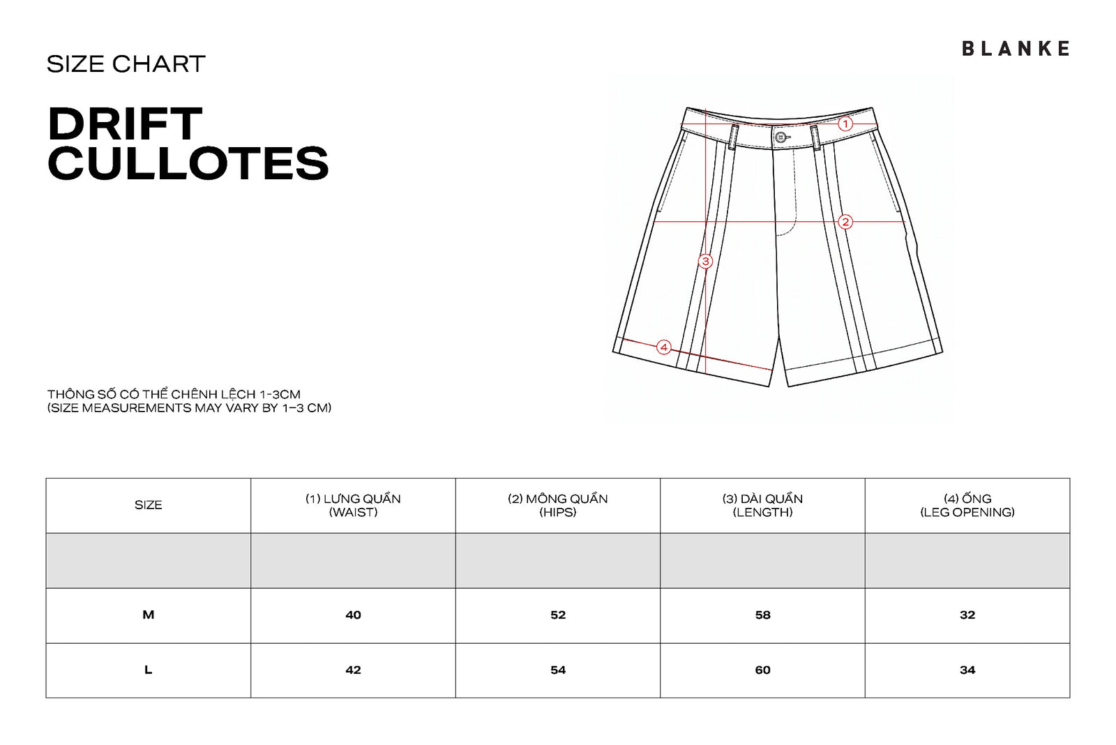 DRIFT CULLOTES size chart