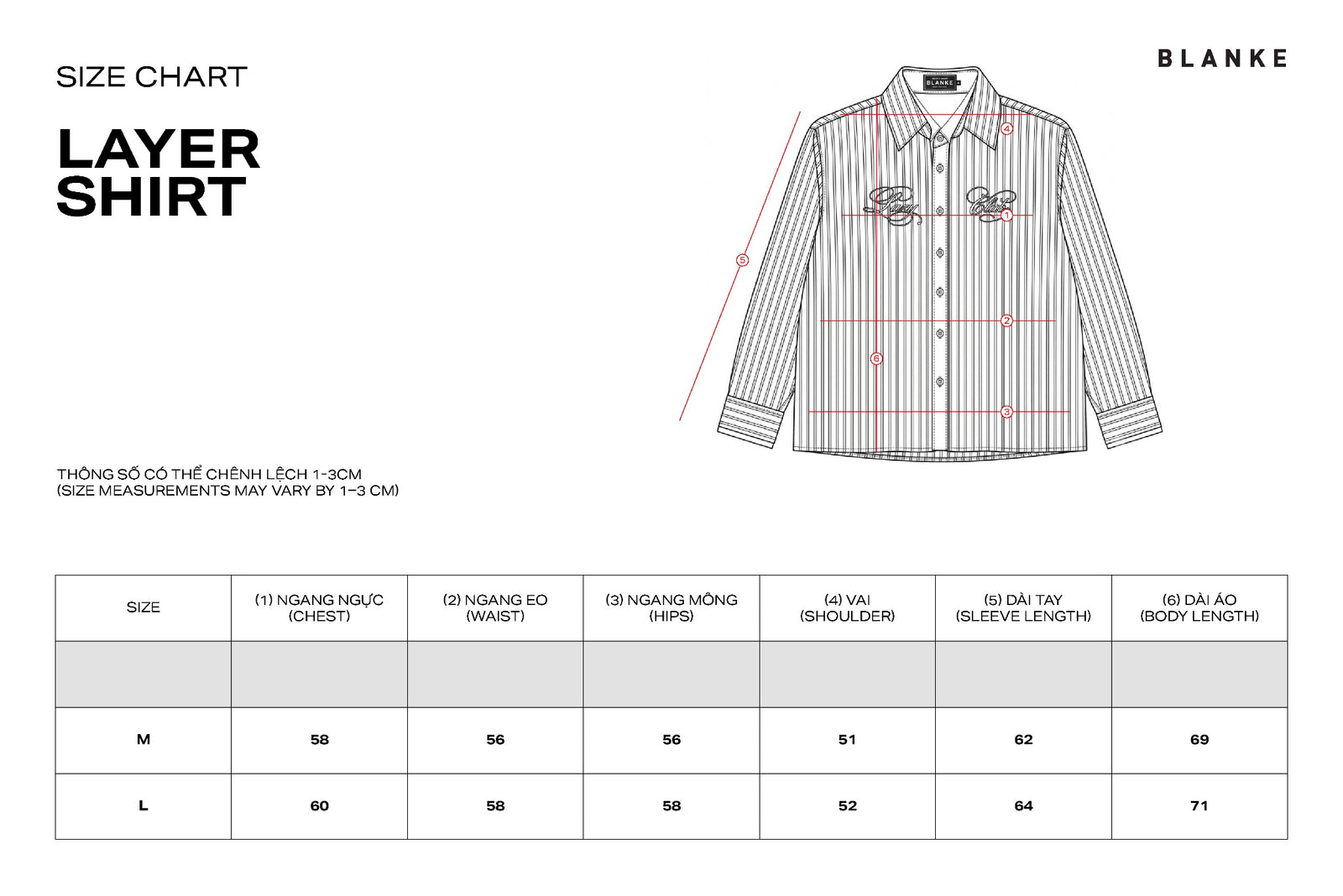 LAYER SHIRT size chart