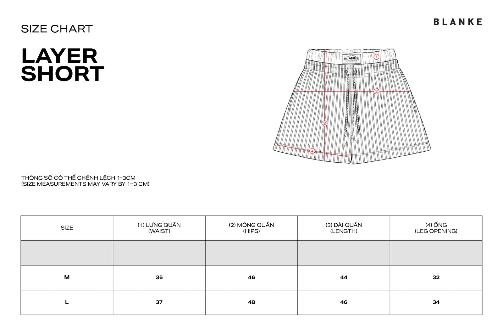 LAYER SHORTS size chart