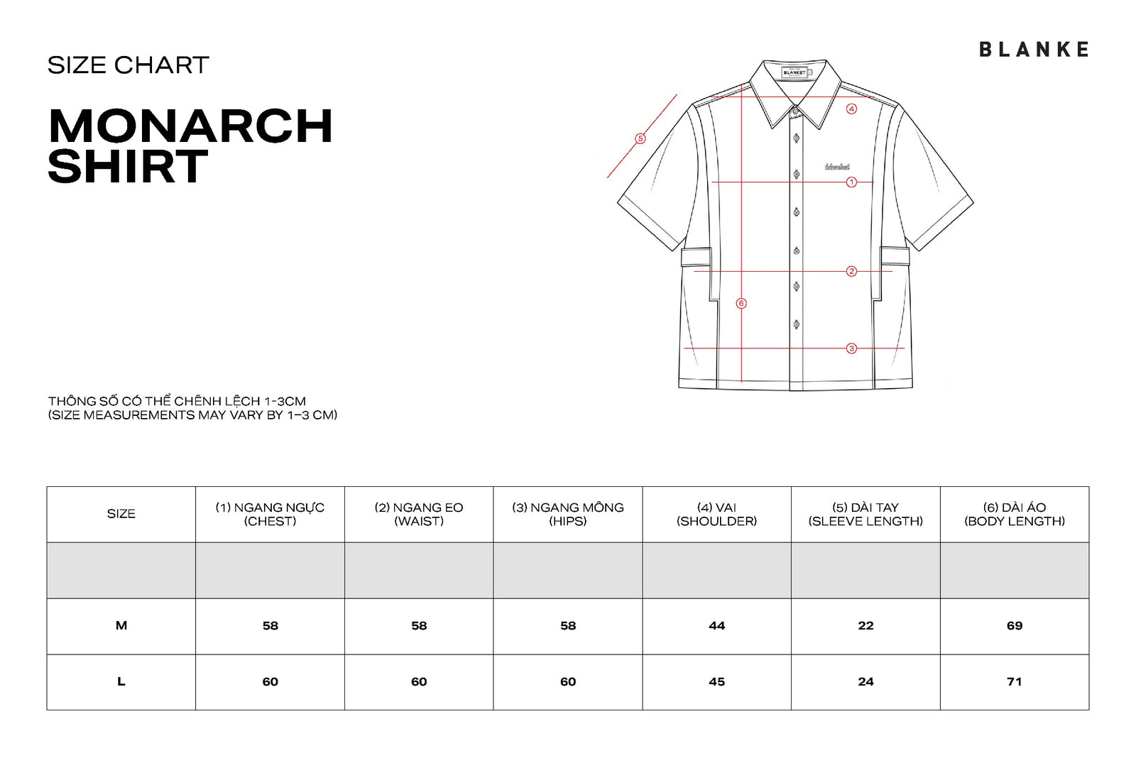 MONARCH SHIRT size chart