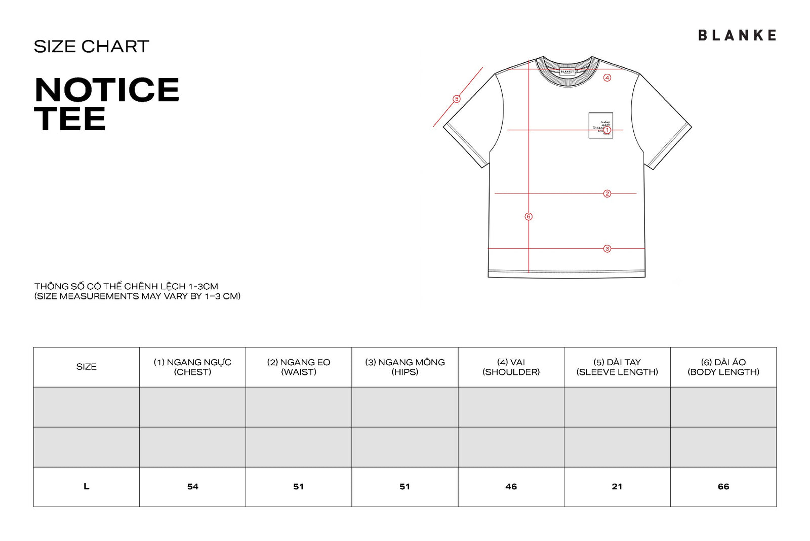 NOTICE TEE size chart