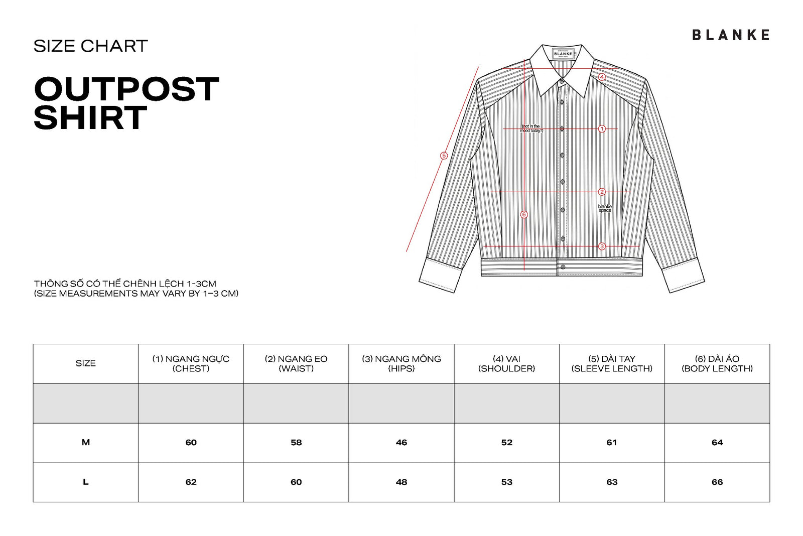 OUTPOST SHIRT size chart