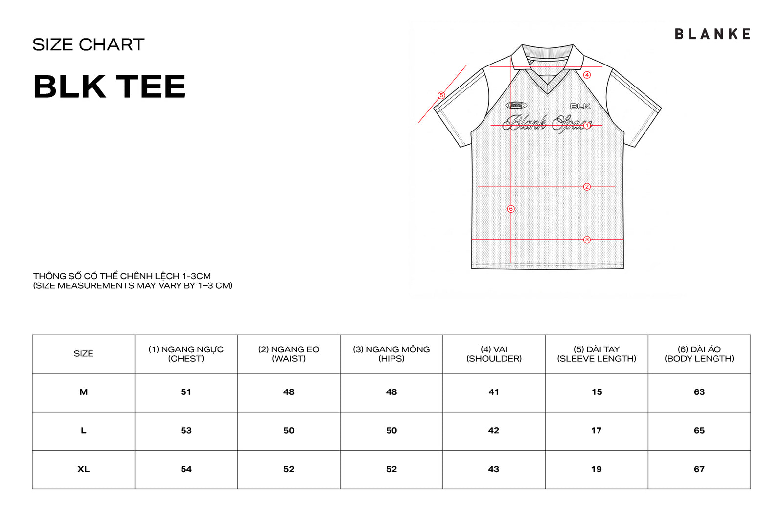 BLK Tee size chart