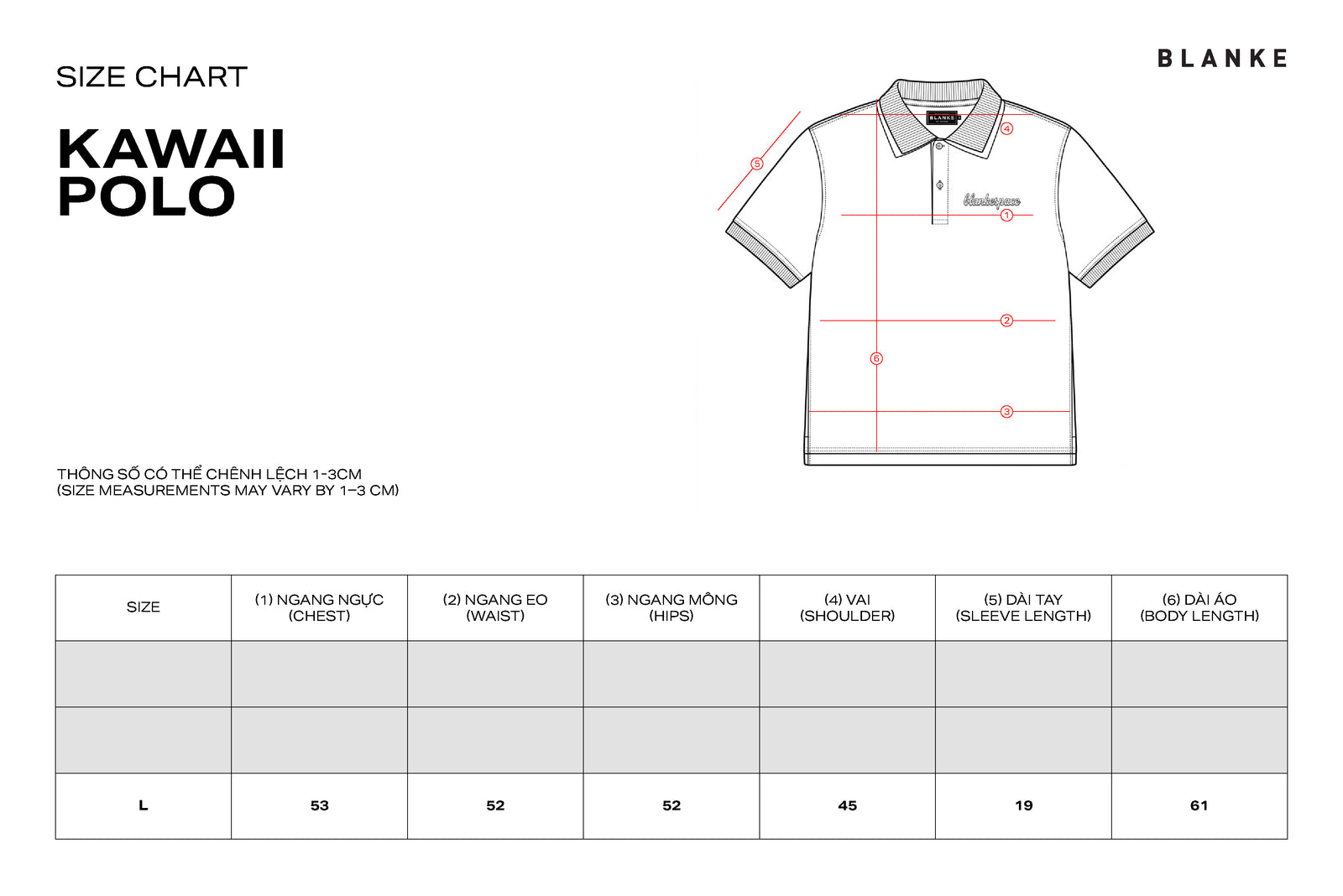 KAWAII POLO size chart