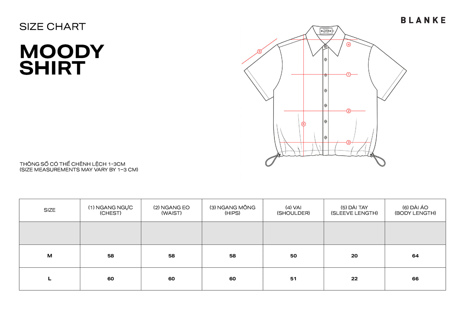 MOODY SHIRT size chart