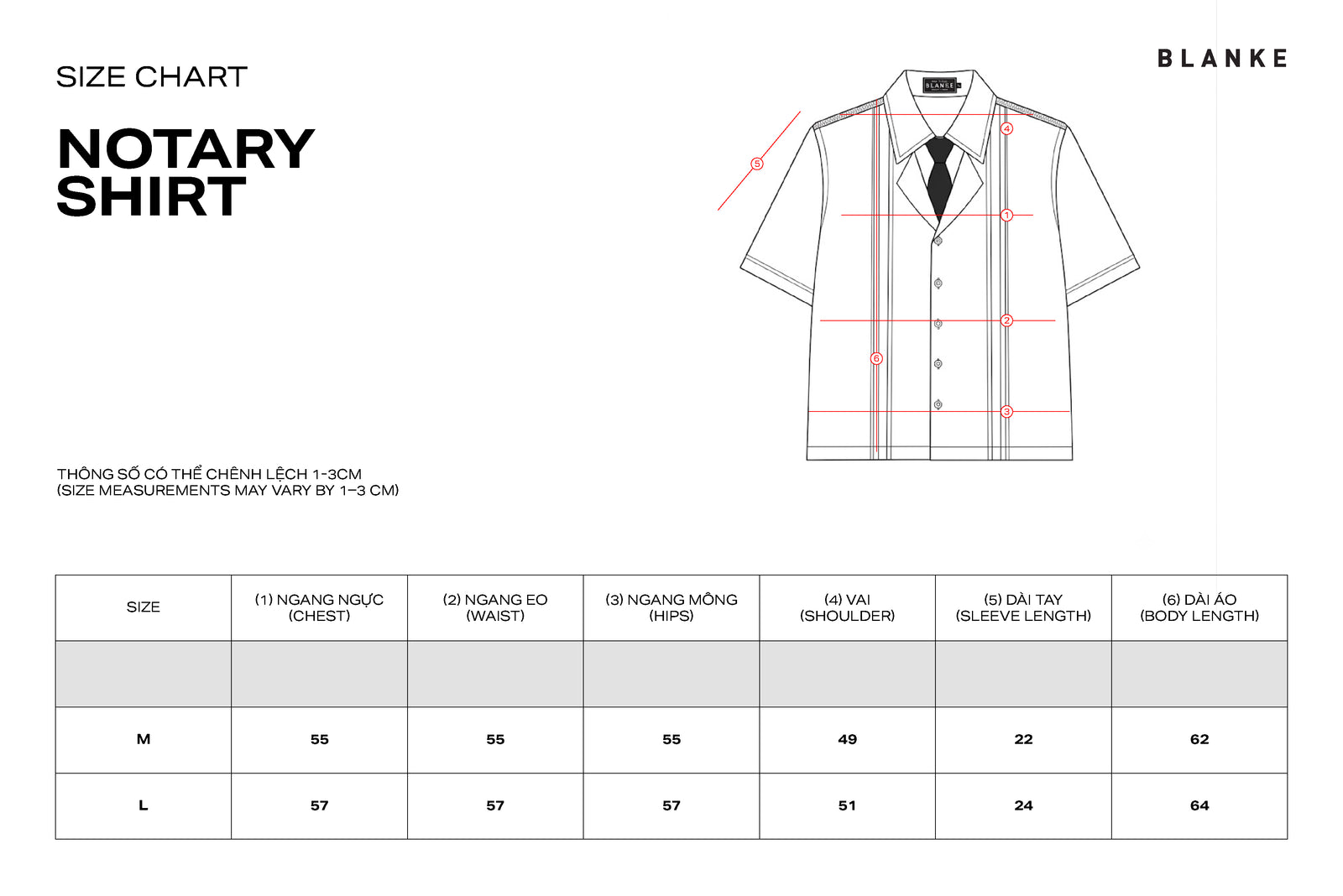 NOTARY SHIRT size chart