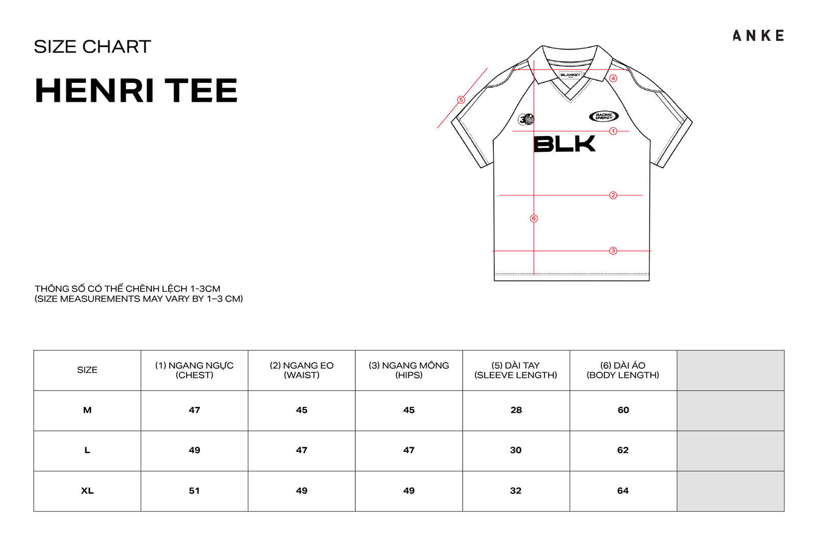 Henri Tee size chart
