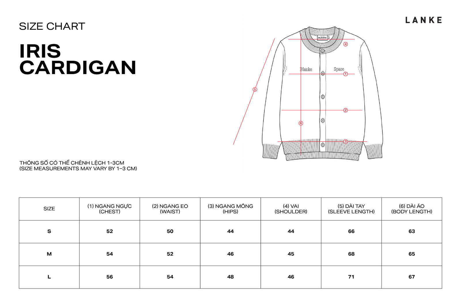 IRIS CARDIGAN size chart