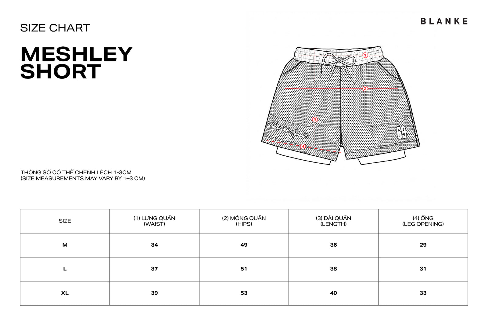 Meshley Shorts size chart
