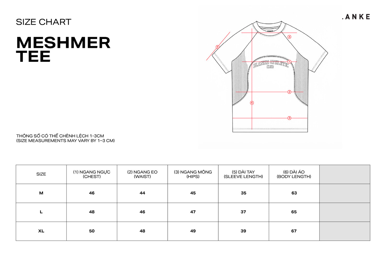 Meshmer Tee size chart