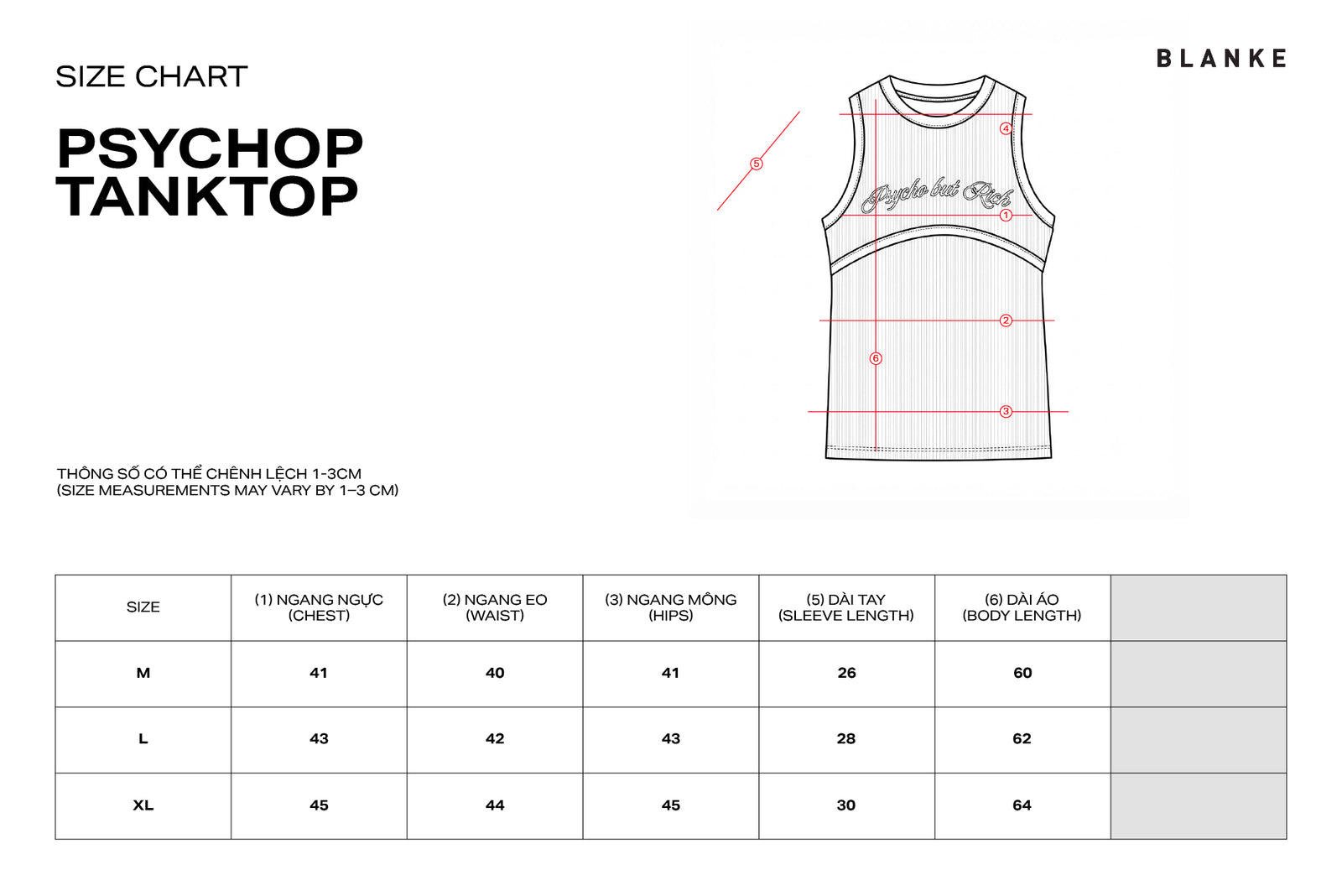 Psychop Tank Top size chart