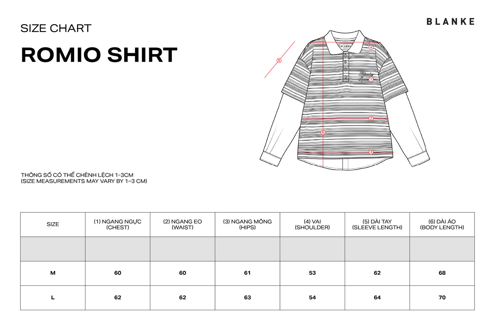 ROMIO TEE size chart