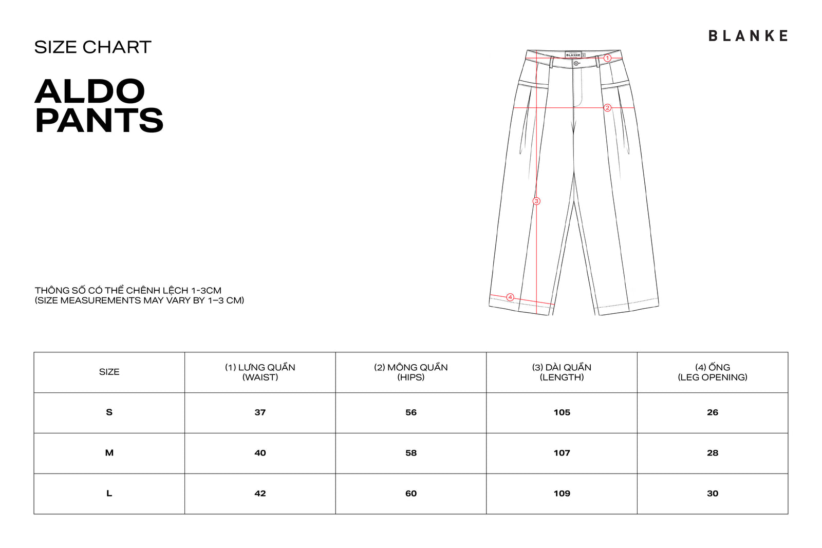 ALDO PANTS size chart