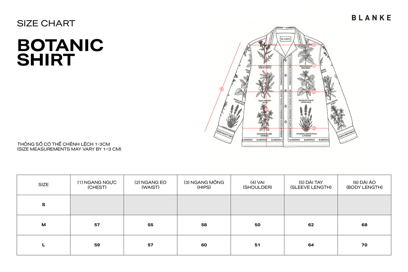 BOTANIC SHIRT size chart
