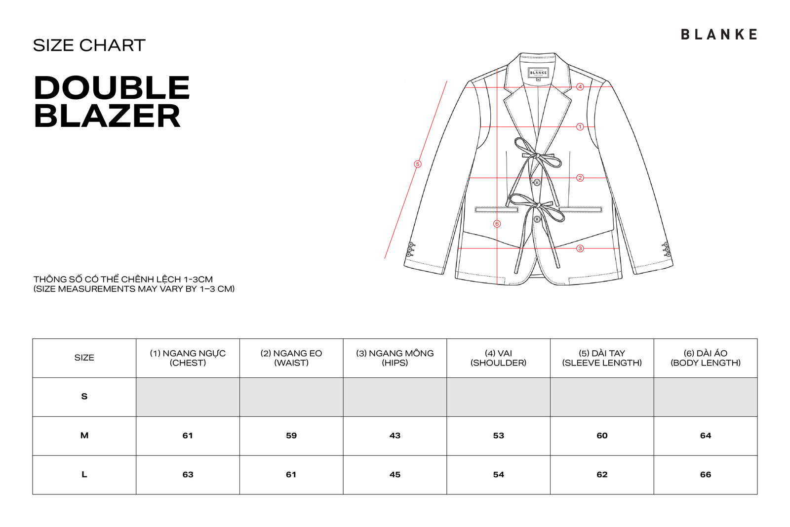 DOUBLE BLAZER size chart