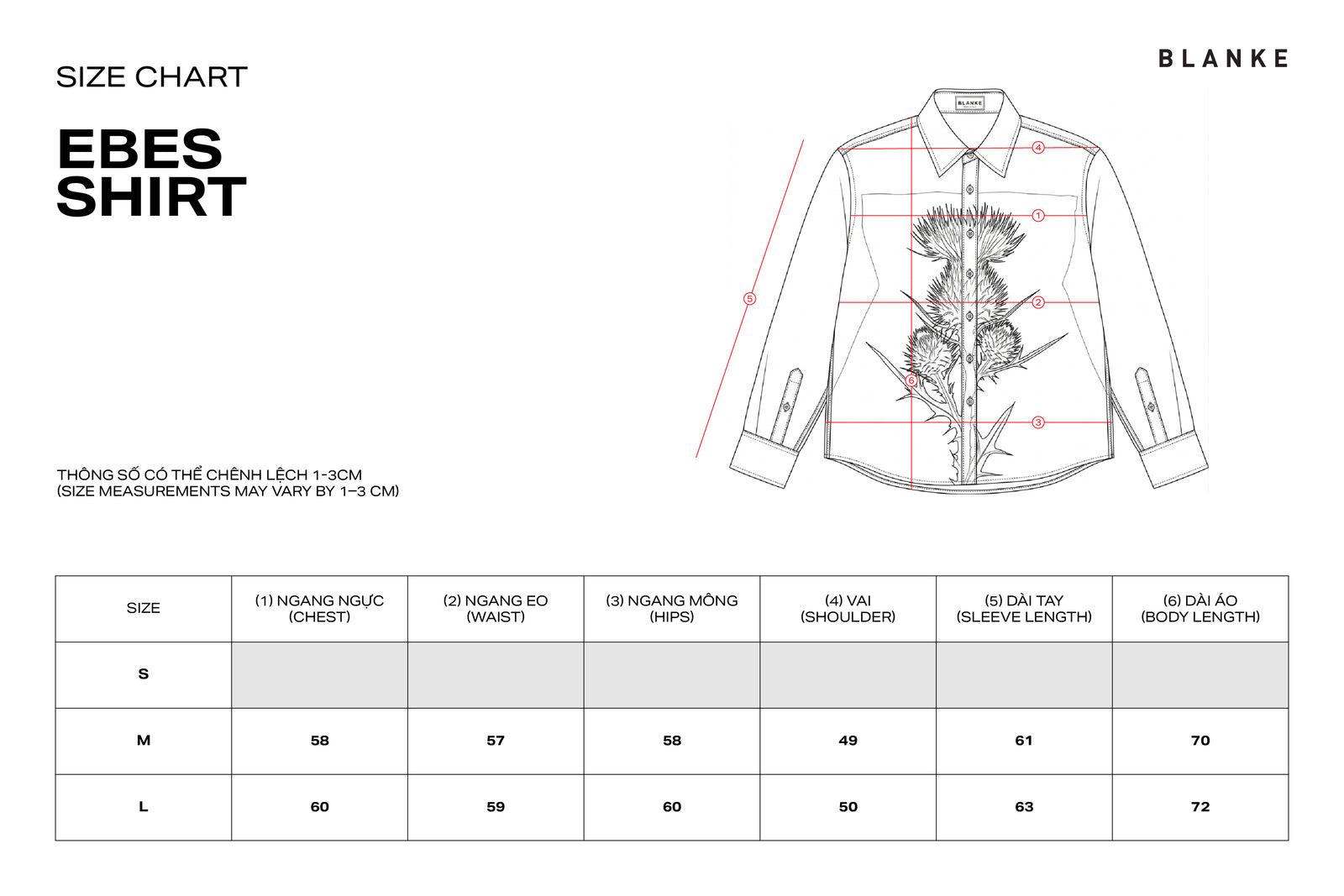 EBES SHIRT size chart