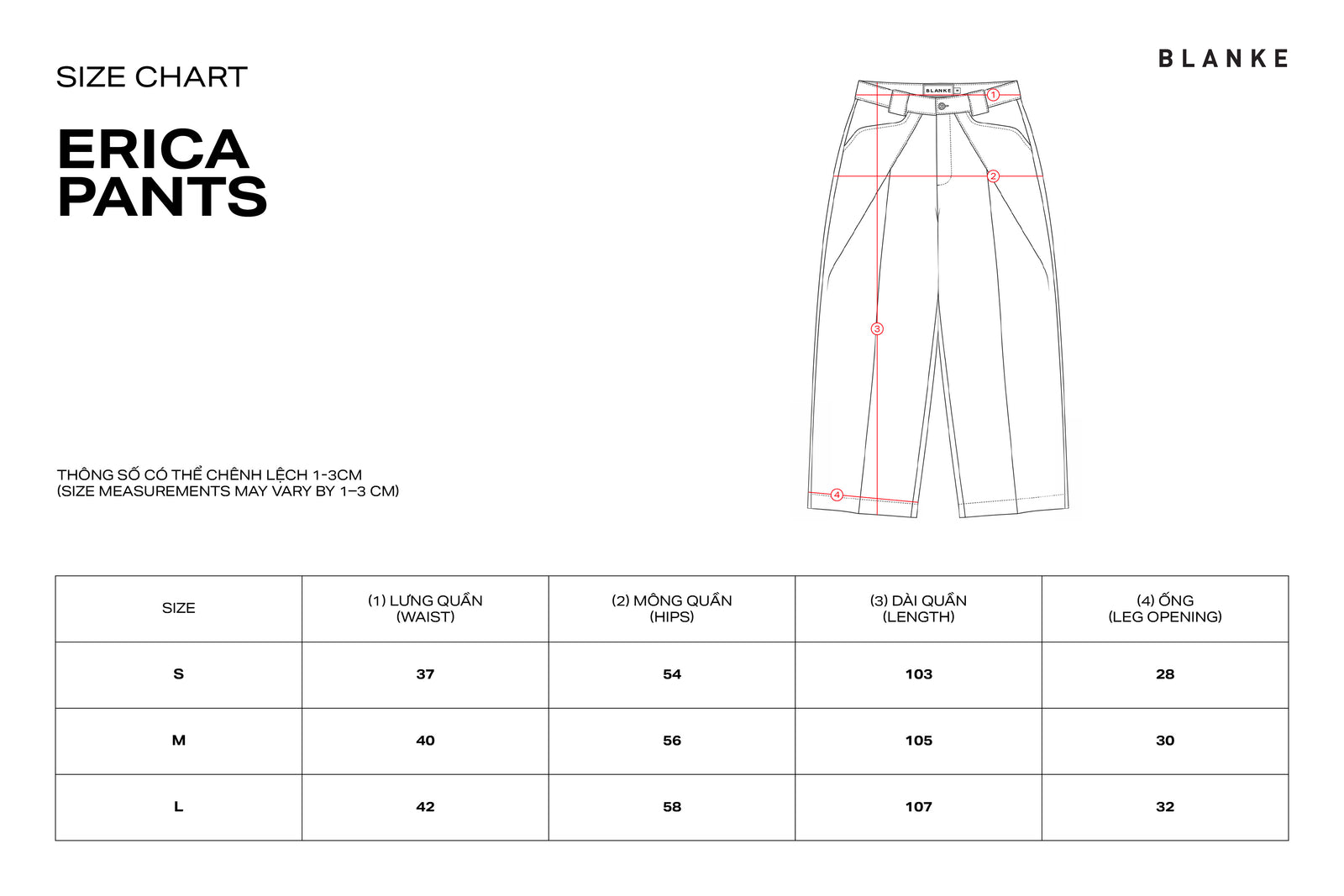 ERICA PANTS size chart