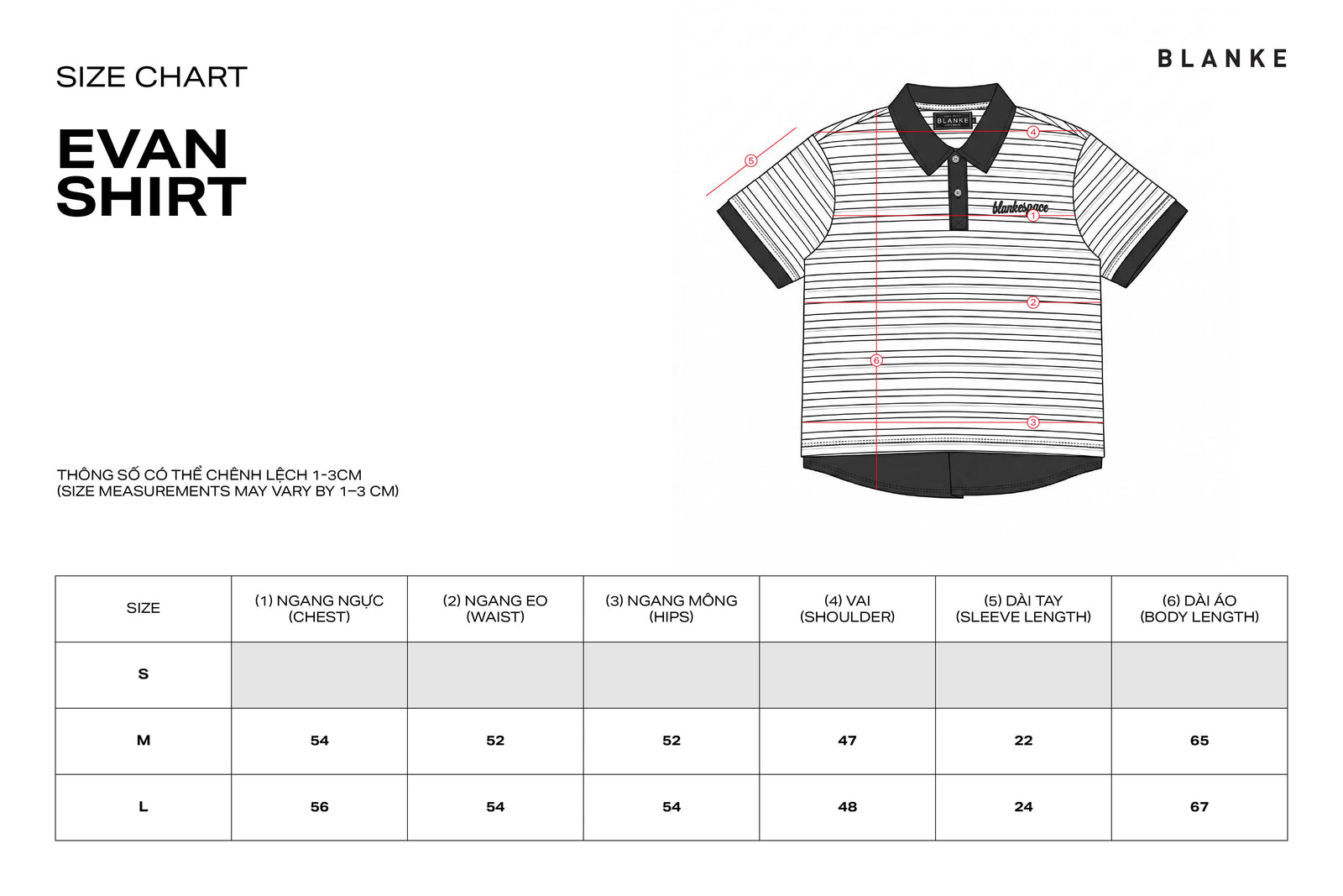 EVAN SHIRT size chart