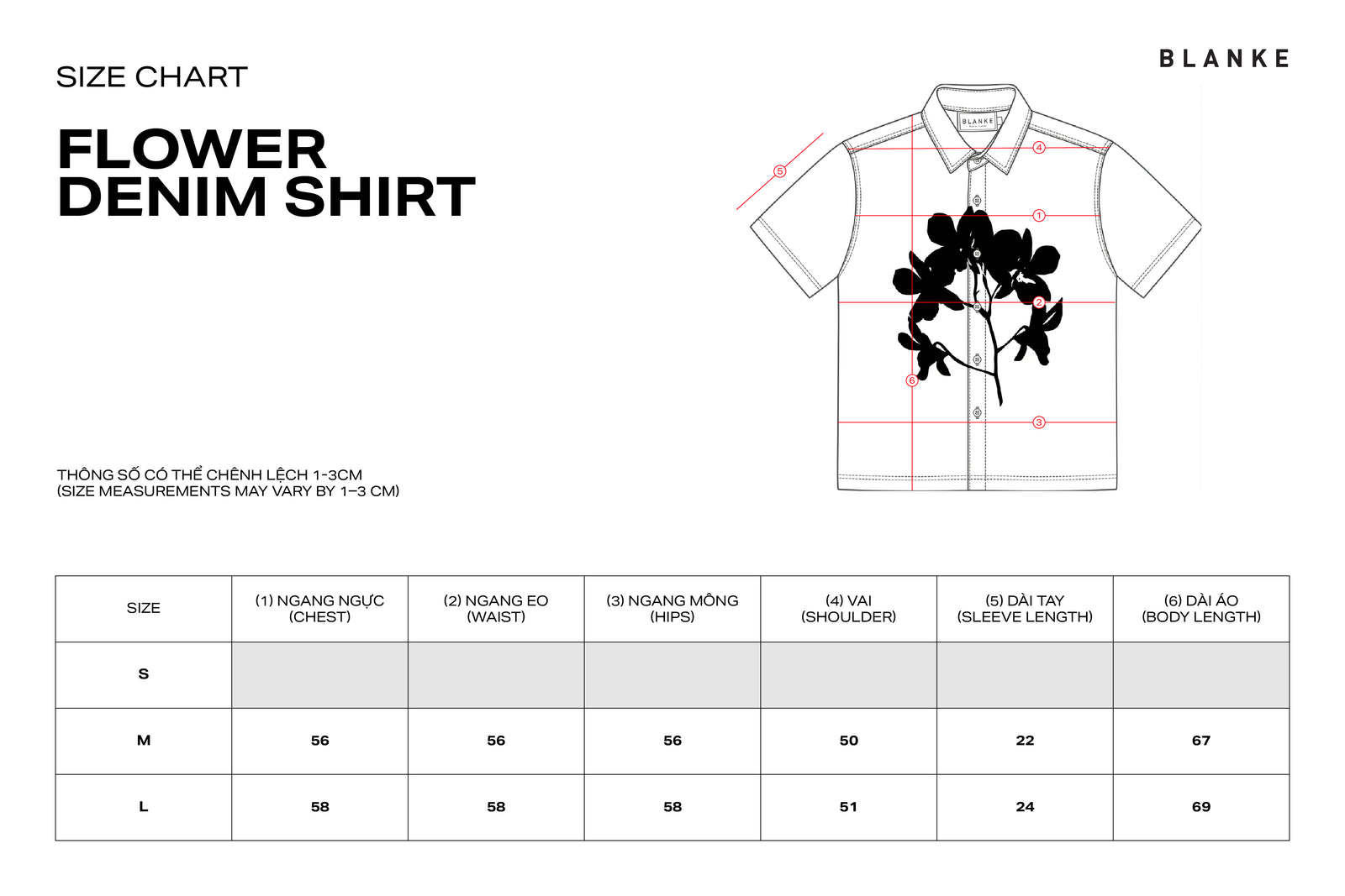 FLOWER DENIM SHIRT size chart