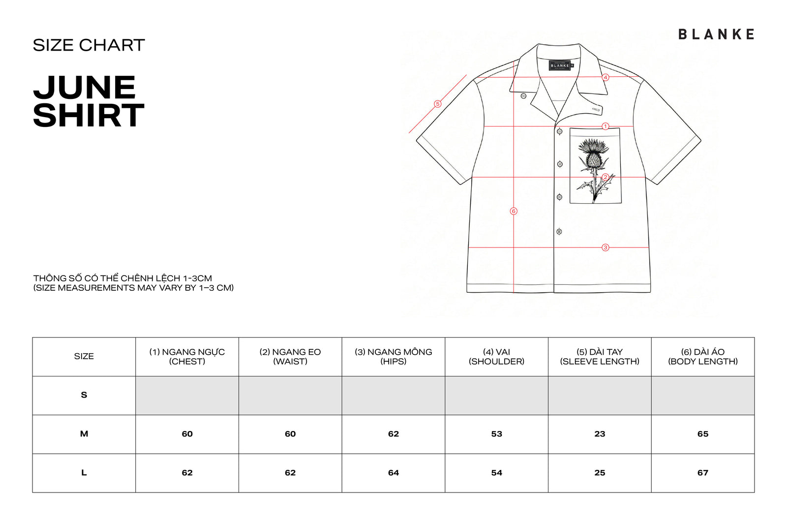JUNE SHIRT size chart