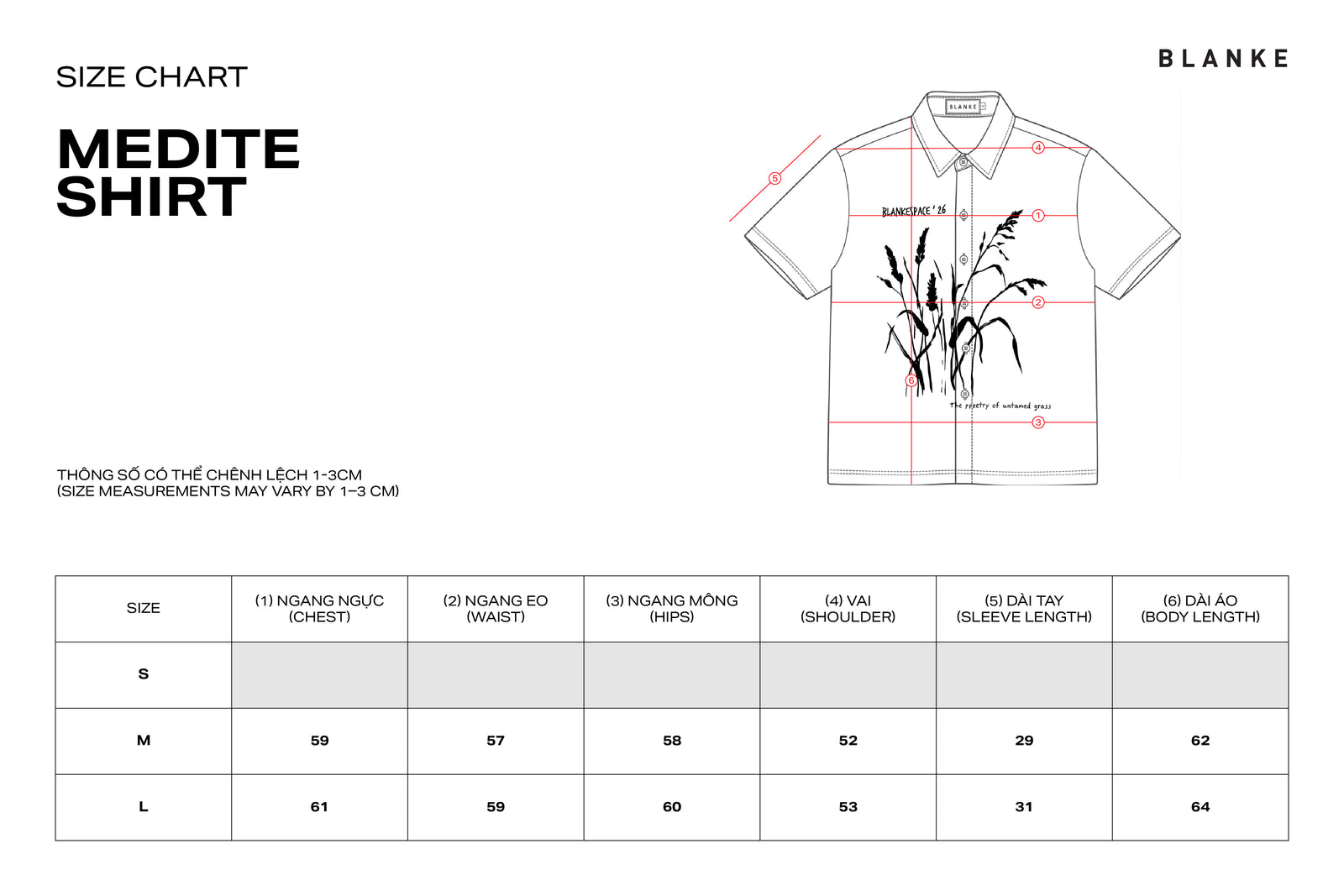 MEDITE SHIRT size chart