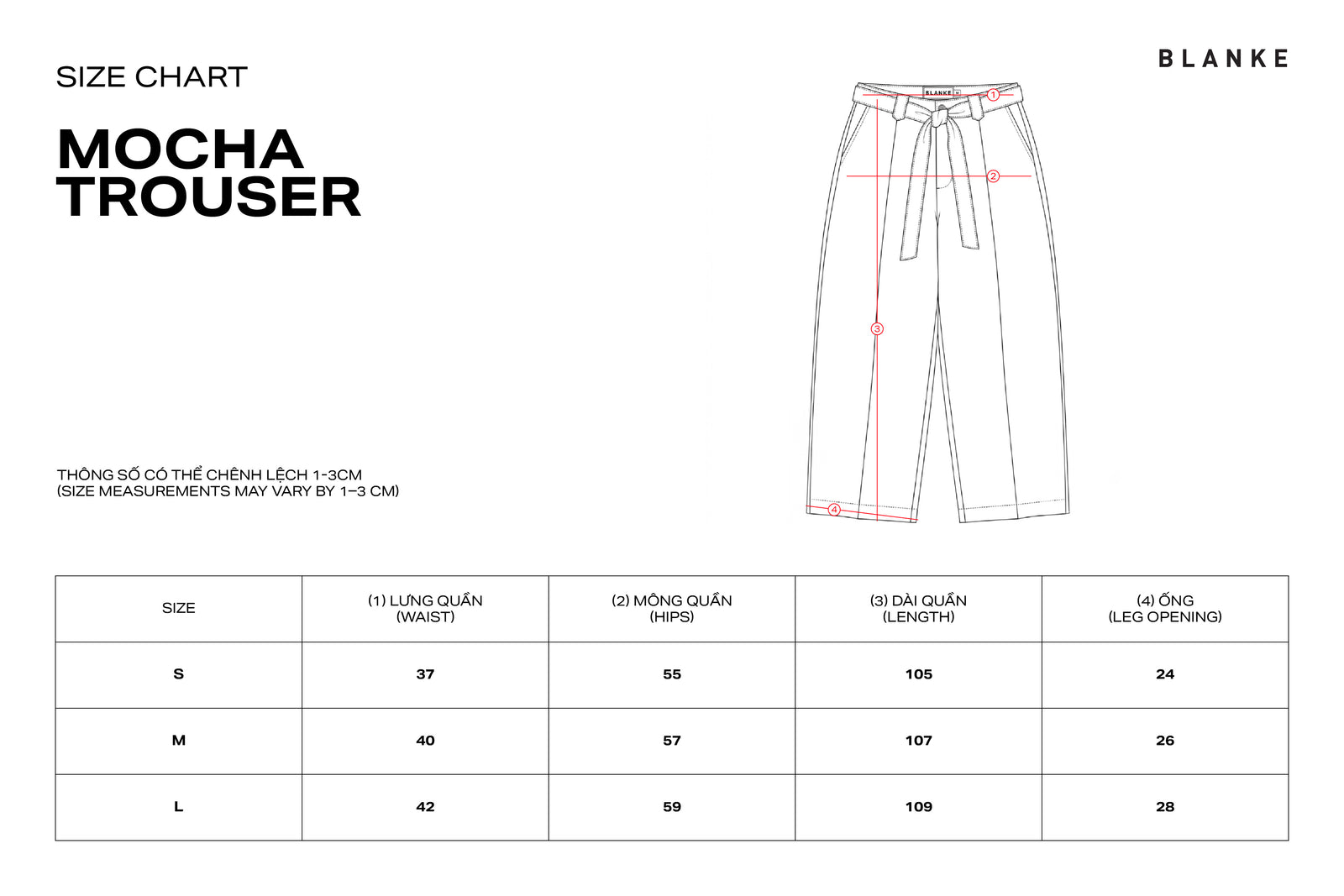 MOCHA TROUSER size chart