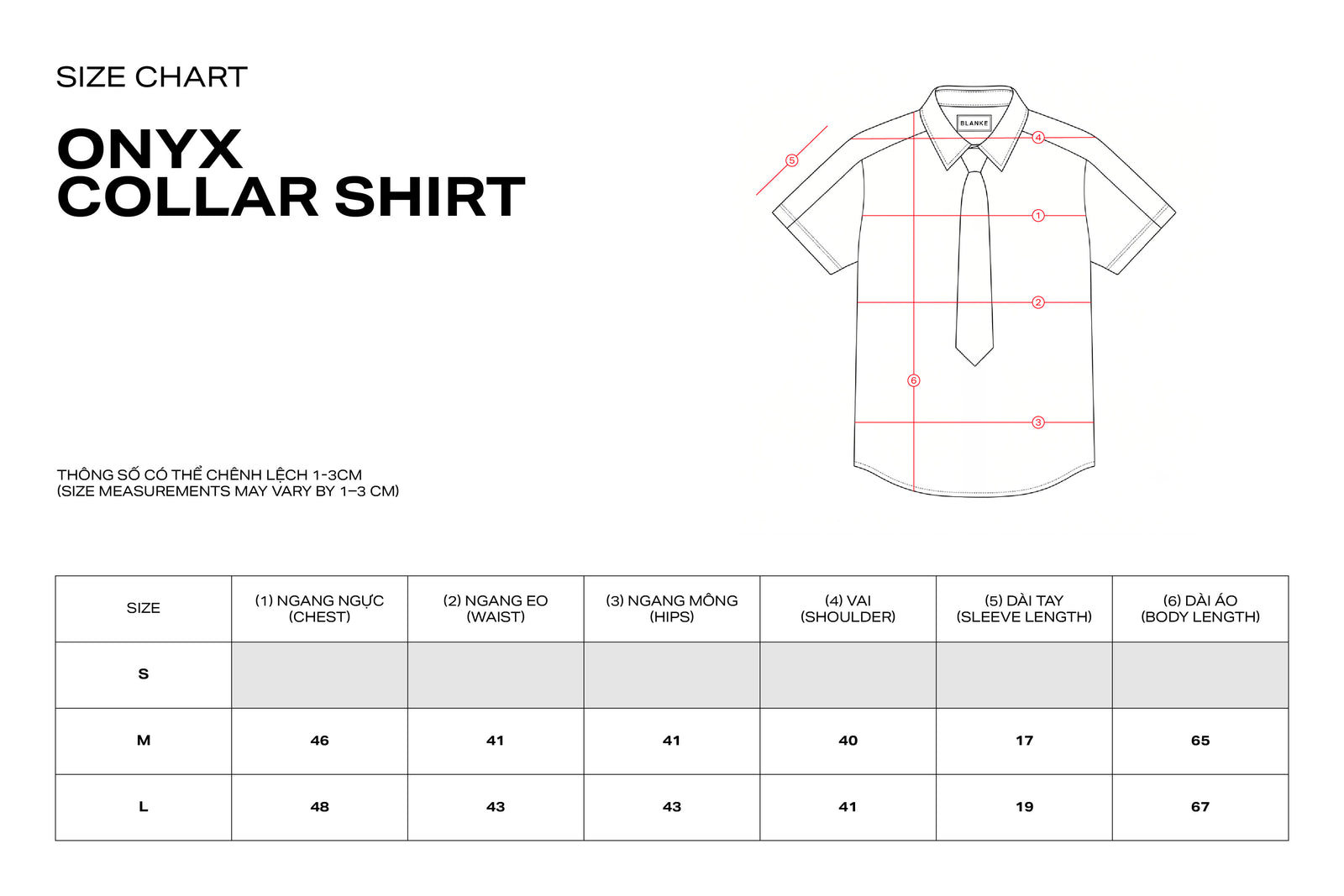 ONYX COLLAR SHIRT size chart
