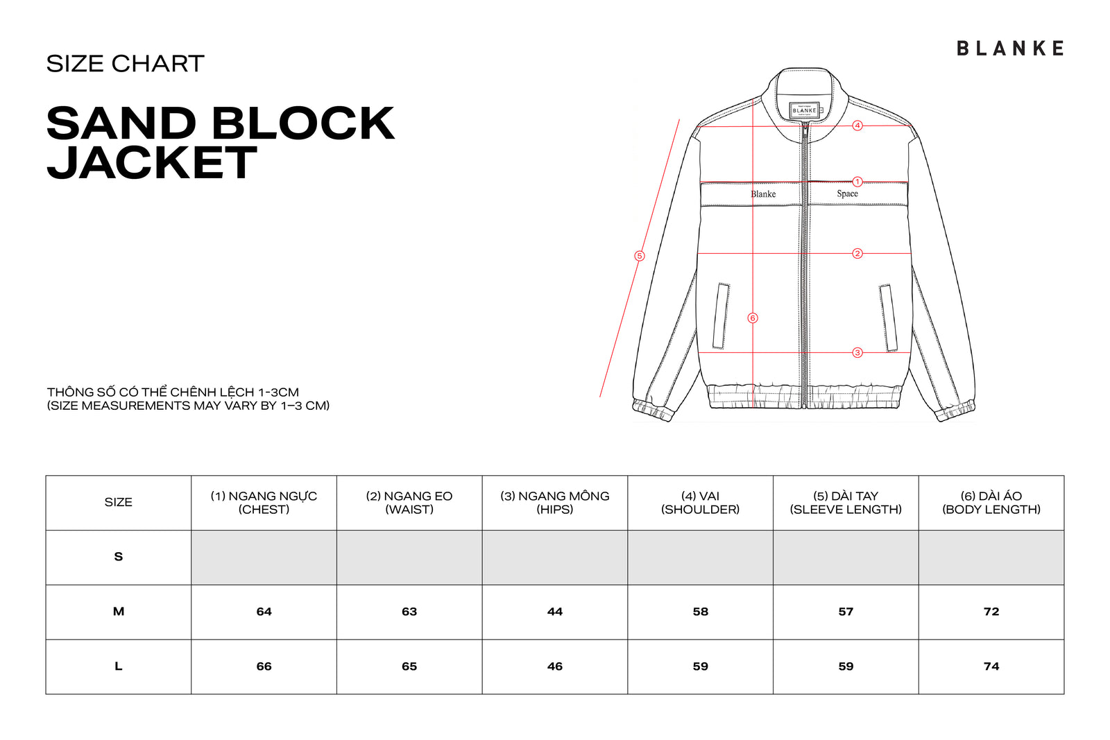 SAND BLOCK JACKET size chart