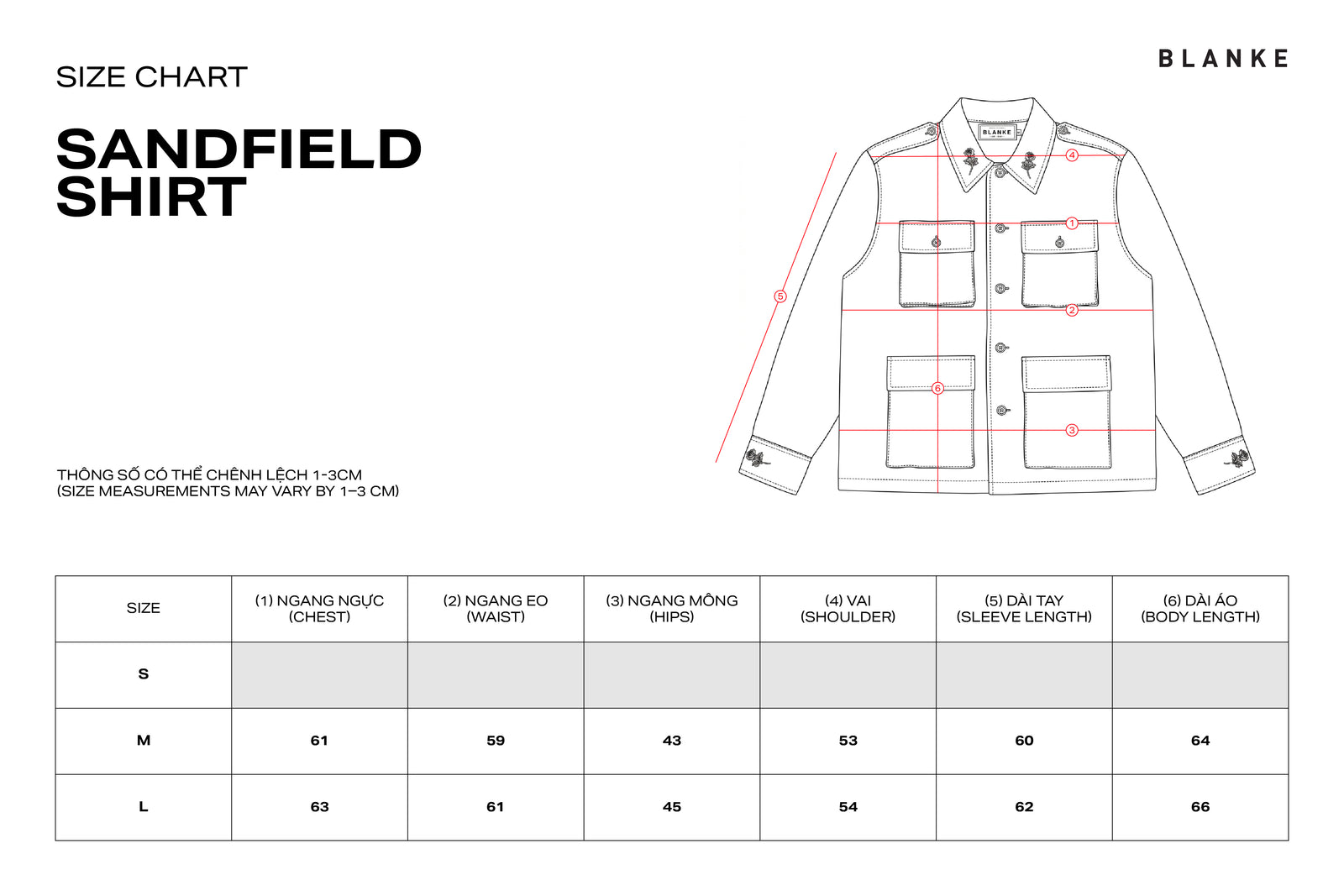 SANDFIELD SHIRT size chart