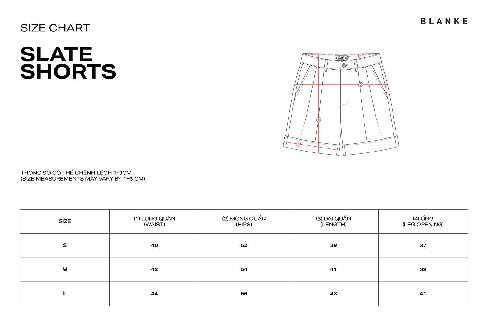 SLATE SHORTS size chart