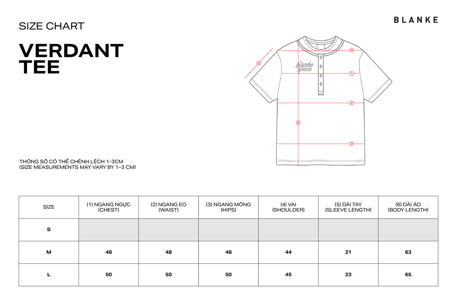 VERDANT TEE size chart